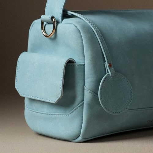 Theater Bonbon Sky Blue Vegan Leather Crossbody Duffle Bag for Women Structured Shoulder Handbag with Adjustable and Detachable Strap