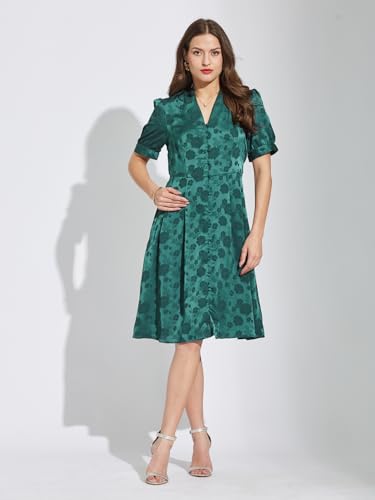 Latin Quarters Women Green V-Neck Half Sleeves Printed Knee Length A-Line Dress XL