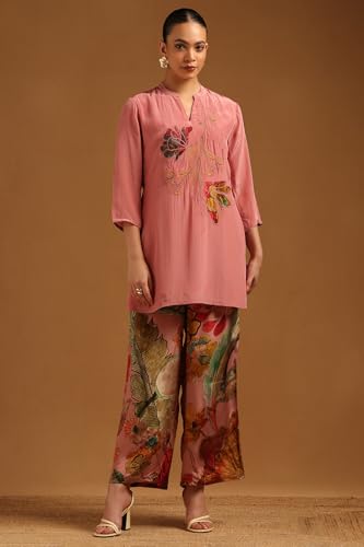 Soch Womens Blush Pink Crepe Floral Co-Ord Set With Embroidery