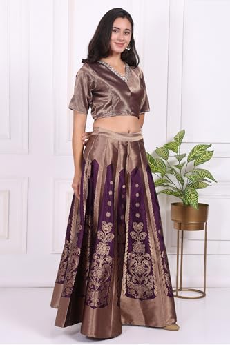 W for Woman Purple Embellished Jacquard Straight Crop Top, Skirt and Dupatta Set - (WS13240-314468-3XL)