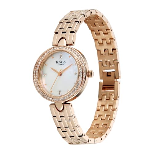 Titan Raga Showstopper 5.0 Quartz 3 Hands Round White MOP Dial, Rose Gold Strap Watch for Women - 95463WM01
