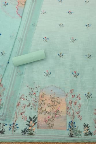 Soch Womens Sap Green Linen Blend Botanical Print Unstitch Dress Material With Thread Work