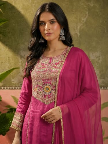 Women's Crepe Embroidered Kurta Set With Dupatta And Palazzo