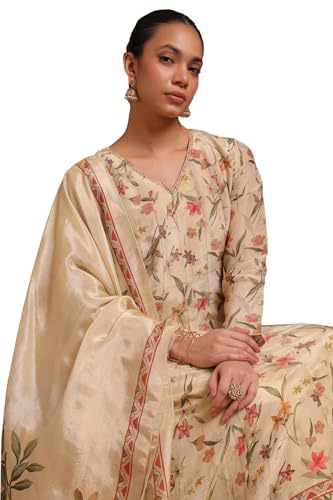 Soch Womens Beige Tissue Floral Print Suit Set With Cutdana