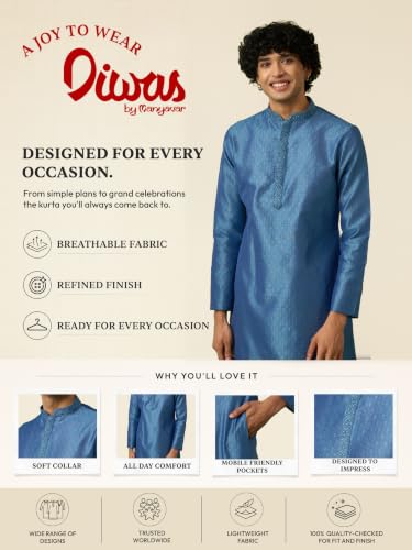 DIWAS BY MANYAVAR Men's Art Silk Thread Embroidery Festive Kurta Set (2pc) (Blue, L)