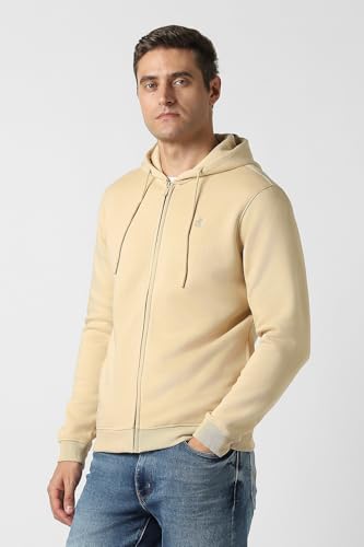 Men Beige Solid Hooded Neck Sweatshirt
