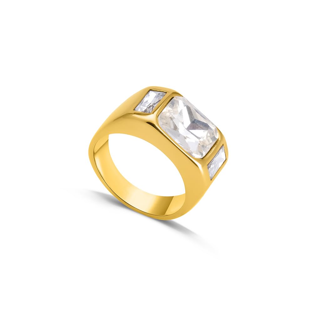 PALMONAS Zircon Studded Gold Chunky Ring for Womens - Waterproof & Anti-Tarnish (Size-8)