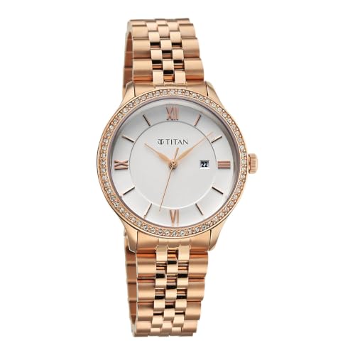 Titan Purple Prestige Quartz 3 Hands + Date Round White Dial, Rose Gold Stainless Steel Strap Watch for Women - 95247WM01