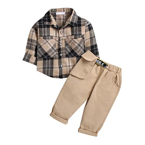 Hopscotch Cotton Boys Khakiplaid Printed Shirtpant Set In Beige Color For Ages 18-24 Months