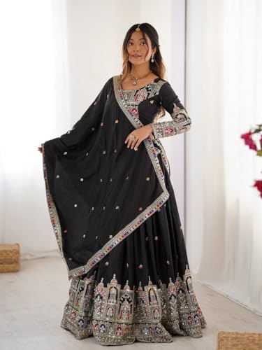 JIHU CULTURE Women's Natural Silk Coding Dori With Sequence Embroidery Work Semi Sttiched Lehenga Choli Set For Wedding (Black)
