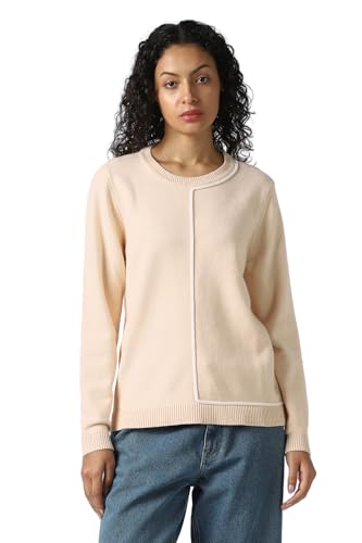 Women Beige Solid Round Neck Sweater