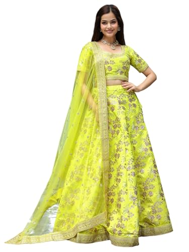 Zeel Clothing Art Silk Zari And Sequins Embroidered Art Silk Semi Stitched Lehenga Choli Set Women (7028-Neon-Wedding-Bridal-Designer-Latest-New; Free Size) (Neon), Green