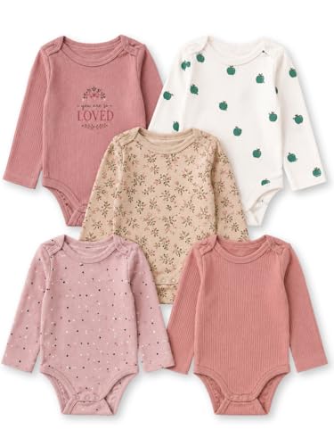 TuddyBuddy 100% Cotton Multi Color Romper/Bodysuit/Onesies for Baby Girl - (Pack of 5-2 Solid 3 Printed - Long Sleeves, 9 Months-12 Months)