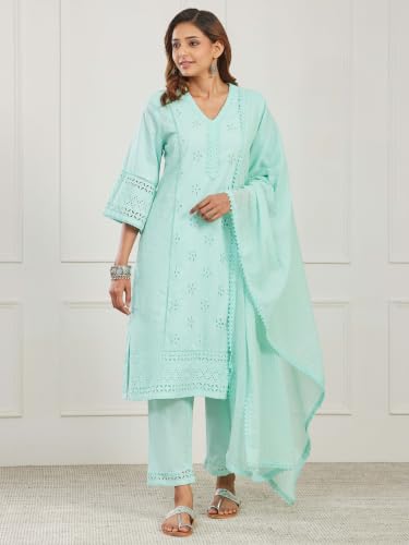 BIBA Solid Cotton Straight Casual Kurta With Pant And Dupatta