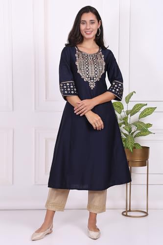 W for Woman Navy Blue Embroidered Straight Kurta - (W11970-222877-XS)