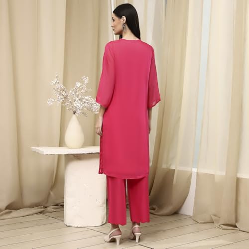BIBA Women Fuchsia Embroidered Straight Suit Set_36