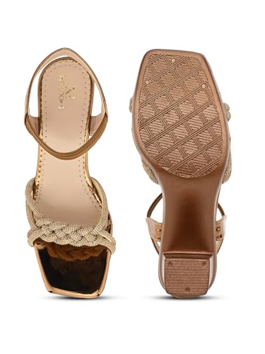XE Looks Women's Copper Block Heel Sandals | Braided Strap Design with Glossy Finish | Elegant & Trendy Sandals With Ankle Strap | Comfortable & Stylish Block Heels For Girls & Women