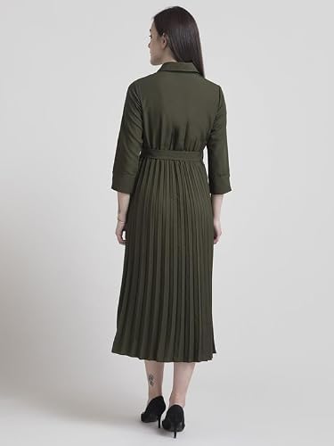 FableStreet Women's Polyester Collared Pleated Fit and Flare Midi Dress - Olive