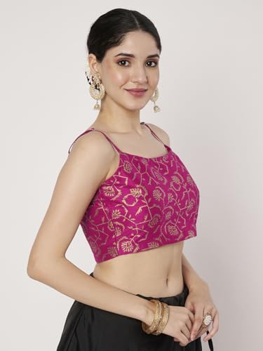 studio rasa Women's Dupion Hand Block Printed Spaghetti Readymade Blouse for Festive Wedding Party (TPWC725BL81_Pink_Small)