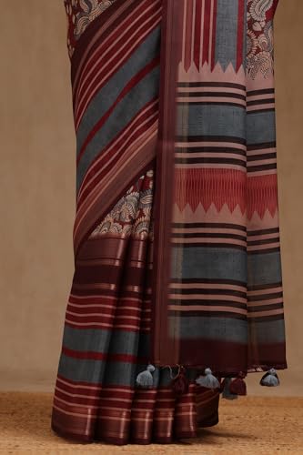 Soch Womens Maroon Crepe Striped Saree