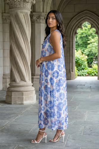 W for Woman Blue Floral Printed Sleeveless Chiffon A-line Dress - (W13500-126862-XL)