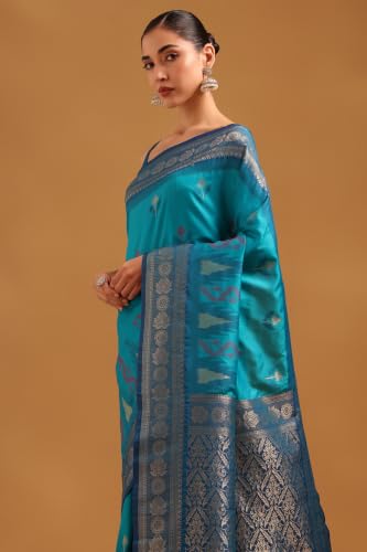 Soch Womens Turquoise Blue Silk Blend Zari Woven Saree