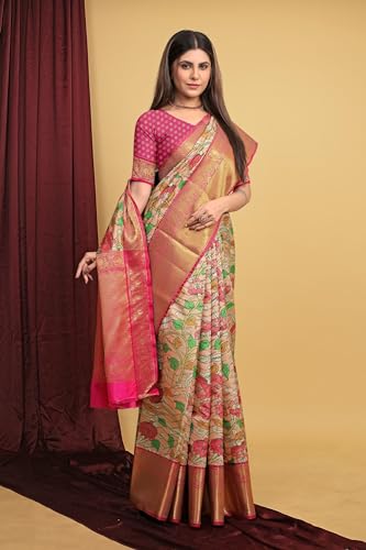 SGF11 Women's Kalamkari Kanjivaram Pure Soft Silk Handloom Saree Pure Golden Zari With Blouse Piece (Peach 06)