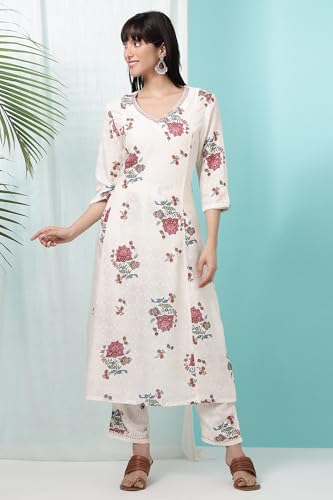 W for Woman White Floral Printed Textured Dobby A-line Kurta and Pants Co-ord Set (Size: 2XL)-WS12256-124240