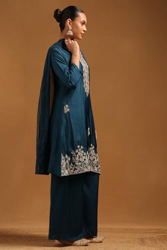 Soch Womens Teal Blue Roman Silk Floral Suit Set With Hand Embroidery and Bead Details
