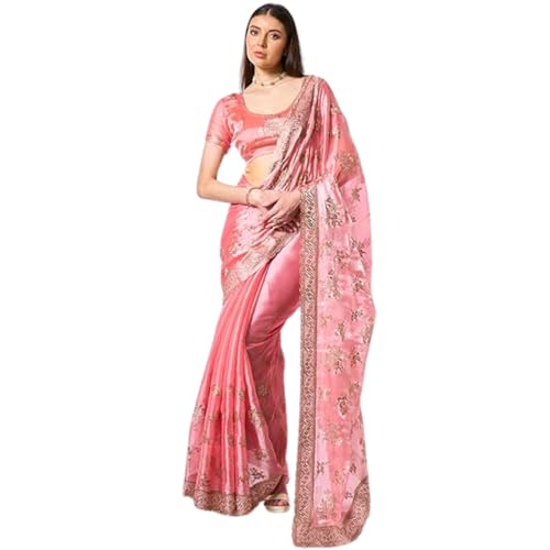 ORHANS Women's Organza Embroidered Work Saree With Organza Matching With Unstitched Blouse Piece