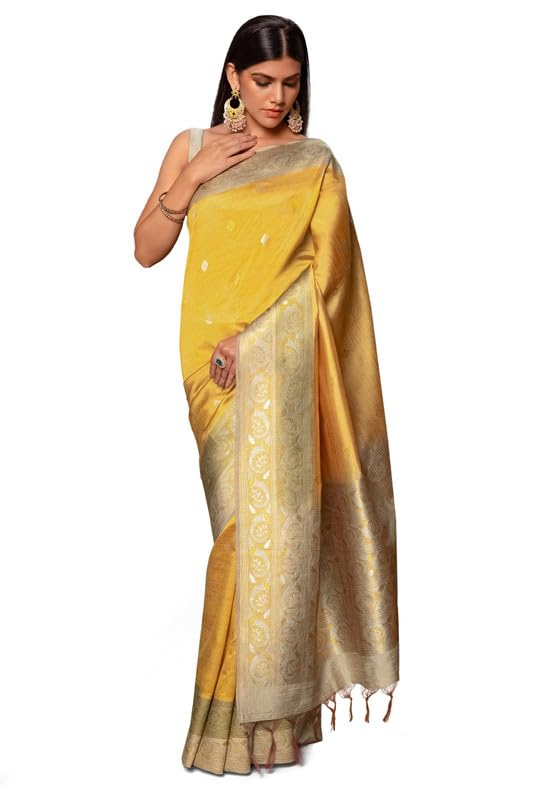 Soch Womens Mustard Tussar Zari Woven Saree With Tassels