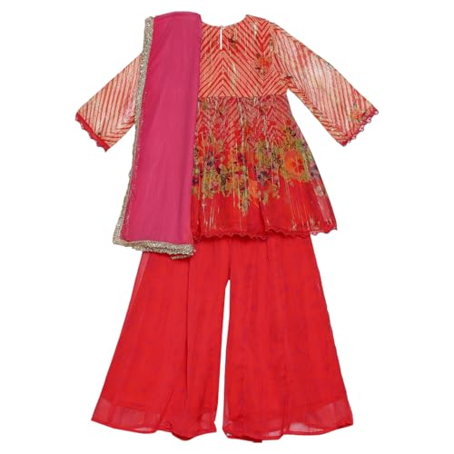 Biba Girl's Orange-Coral Polyester Blend Gathered Suit Set