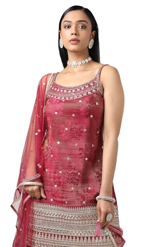 Soch Womens Magenta Tissue Embroidered Suit Set With Sequins