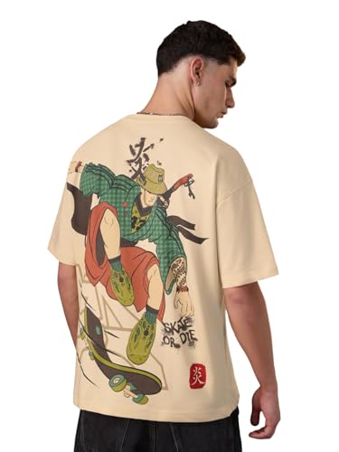 The Souled Store Ukiyo: Skater Men and Boys Short Sleeves Round Neck Beige Graphic Printed Lightweight Streetwear Oversized T-Shirt