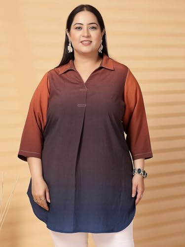 Women Plus Size Ombre Pleated Shirt Collar Regular Top (FSTP23491-BROWNOMBRE-6XL)