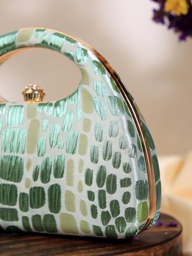 THE TAN CLAN Coral Arc Clutch Bag for Women | Structured Arc-Shape Evening Bag | Green Colour | Party & Wedding Clutch Purse