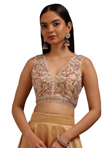 Soch Womens Light Gold Tissue Embroidered Padded Blouse with Cutdana
