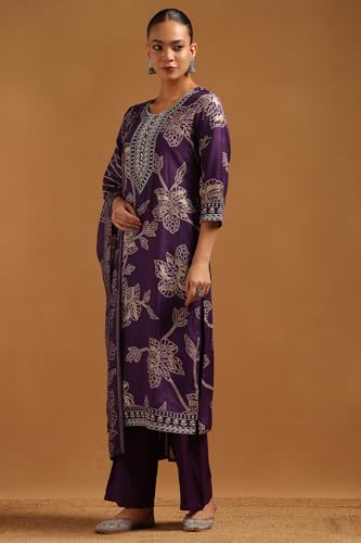 Soch Womens Purple Desert Storm Floral Salwar Suit With Mirror Work