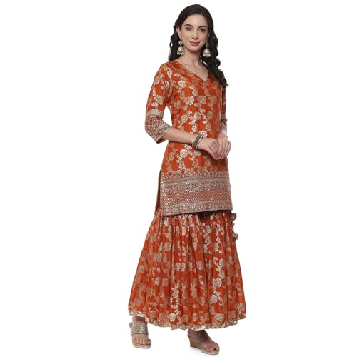 BIBA Women YARNDYED Straight SALWAR KURTA DUPATTA(SKDBANARASI8969_RUST_34)