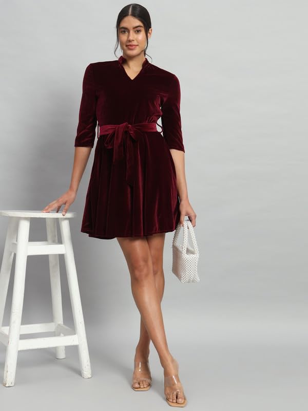 Vaararo Velvet Fit & Flare Mini Dress | Elegant with Belt & Mandarin Neck Sporty Maroon X-Small