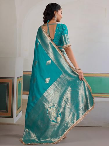 AKHILAM Women's Light Blue Satin Silk Ethnic Printed Saree With Unstitched Blouse Piece(KRNIVLWED002_RJ)