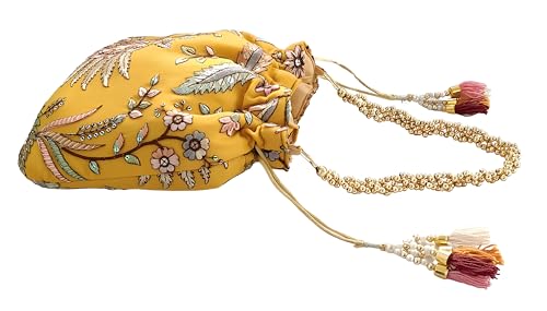 DUCHESS Women's Embroidered Polti Bag with Pearl Handle and Tassel - Bridal Ethnic Traditional Casual Purse/Clutch/Handbag, (21 L X 2 W X 23 H C, Lemon)