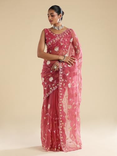 AKHILAM Women's Pink Poly Chiffon Embroidered Embroidered Saree With Unstitched Blouse Piece (ANIKA4204_AG)
