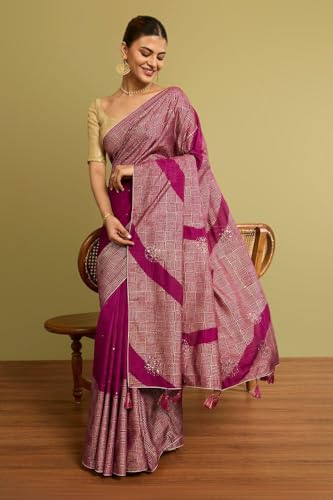 Taneira Women Purple Viscose Embroidered Saree with Unstitched Blouse Piece (SAIP01AC1417-Purple)