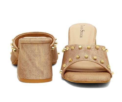 LOUIS STITCH Women’s Fashion Slip-On Block Heel Sandals | Open Toe Beige Stylish Mules Heel Sandal for Ladies, Fashionable and Comfortable Sandal (LSOF-LDBH-MUBD) (UK-6)