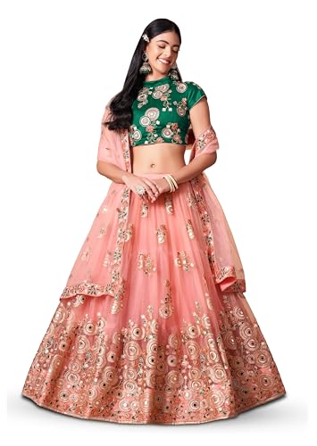 Divine Exim Women's Net Semi Stitched Lehenga Choli with Dupatta | Real Mirror with Embroidery Pattern | Traditional, Wedding, Ethnic Wear Lehenga (Pink)