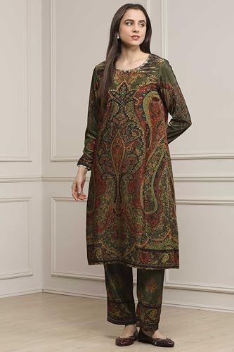 Biba Women Heena Green Polyester Straight Printed Kurta Pants Set_34