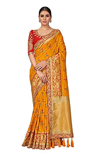 Monjolika Fashion Women's Traditional Zari Woven Banarasi Tissue Silk Saree Comes With Unstitched Blouse Piece (Amber)