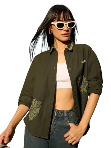 The Souled Store Earthborn: Botanical Leaf Women and Girls Full Length Sleeves Spread Collar Dark Olive Green Embroidered Cotton Linen Oversized Fit Lightweight Everyday Shirt