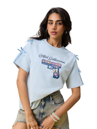 The Souled Store Gentlewomen Women and Girls Short Sleeve Round Neck Light Blue Embroidered Cotton Oversized Breathable Ribbon Tie T-Shirts